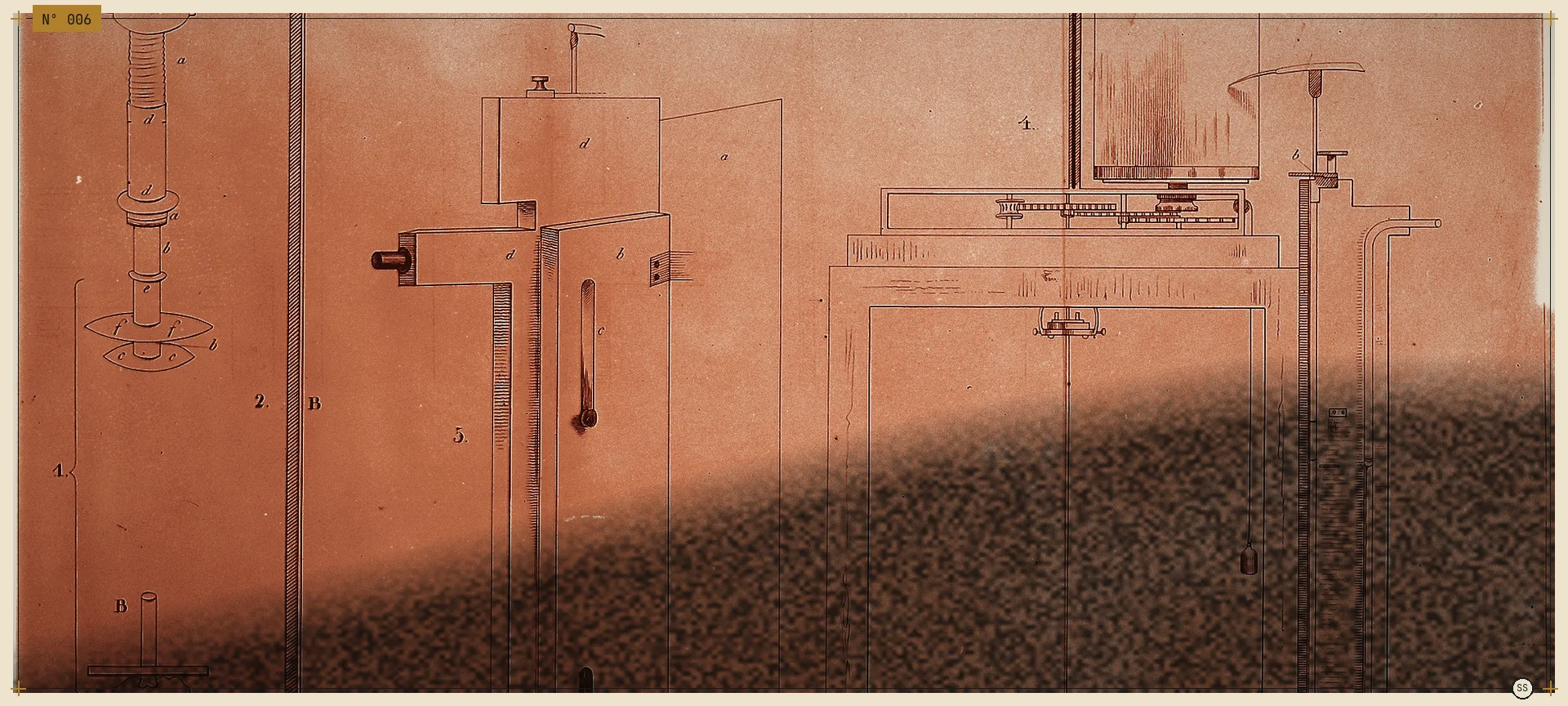 Sanguine graded 19th-century engraving of Ludwig's kymograph, the drum and its recording levers, with lamp-black climbing the plate from the lower right