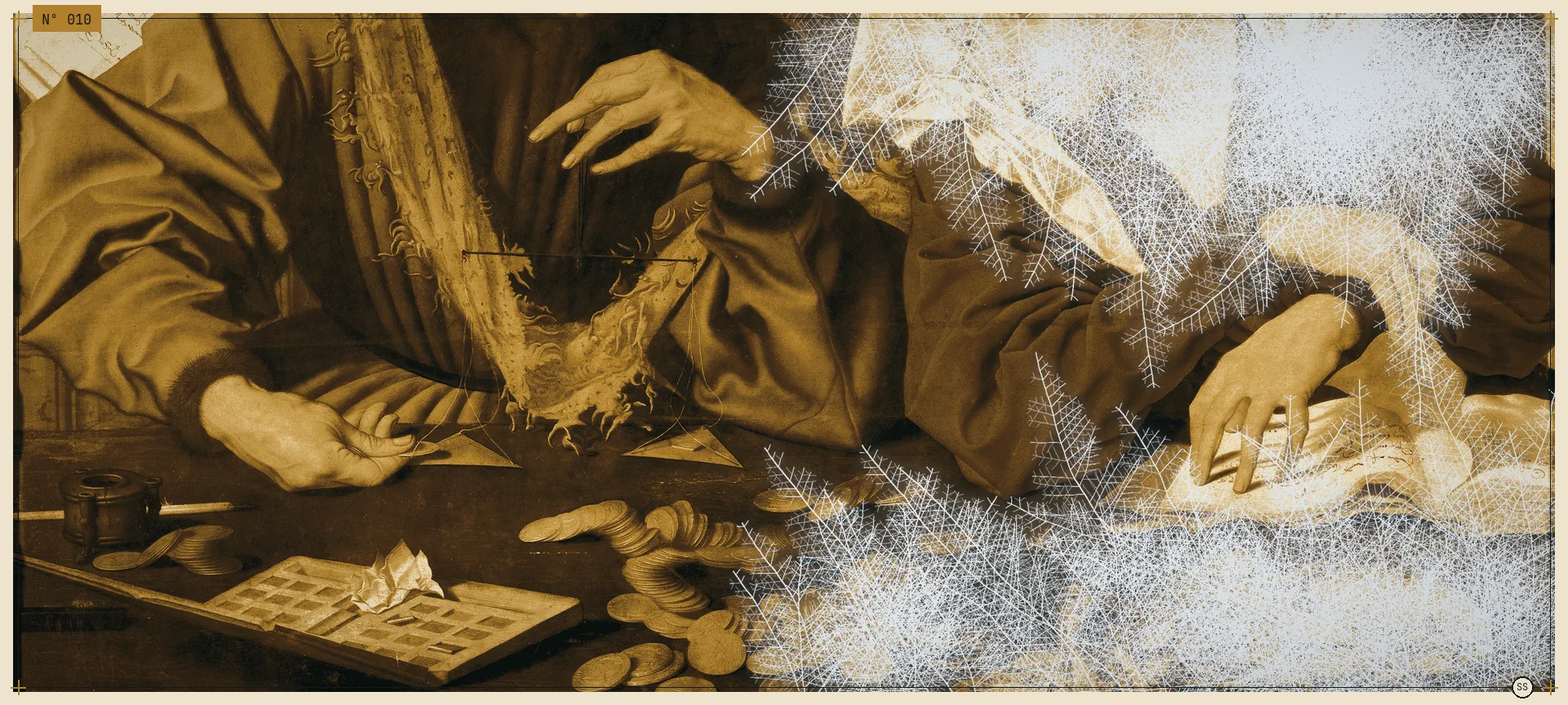 Gold graded 1539 painting of a moneychanger weighing coins on a small scale beside stacks of gold coins, with his wife turning the pages of a ledger, and white frost ferns growing in over the right half of the plate